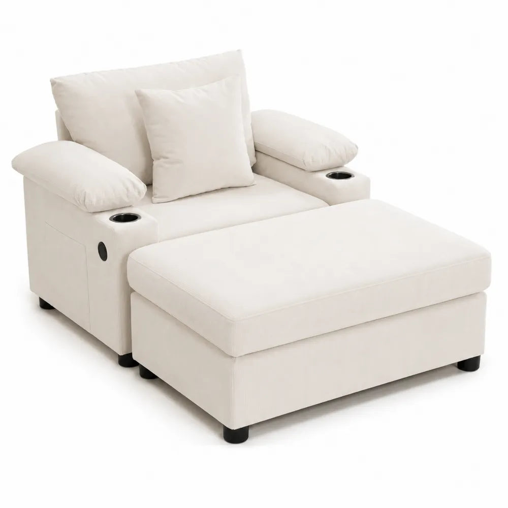 Poltrona con Pouf in Tessuto Crema con Portabicchieri