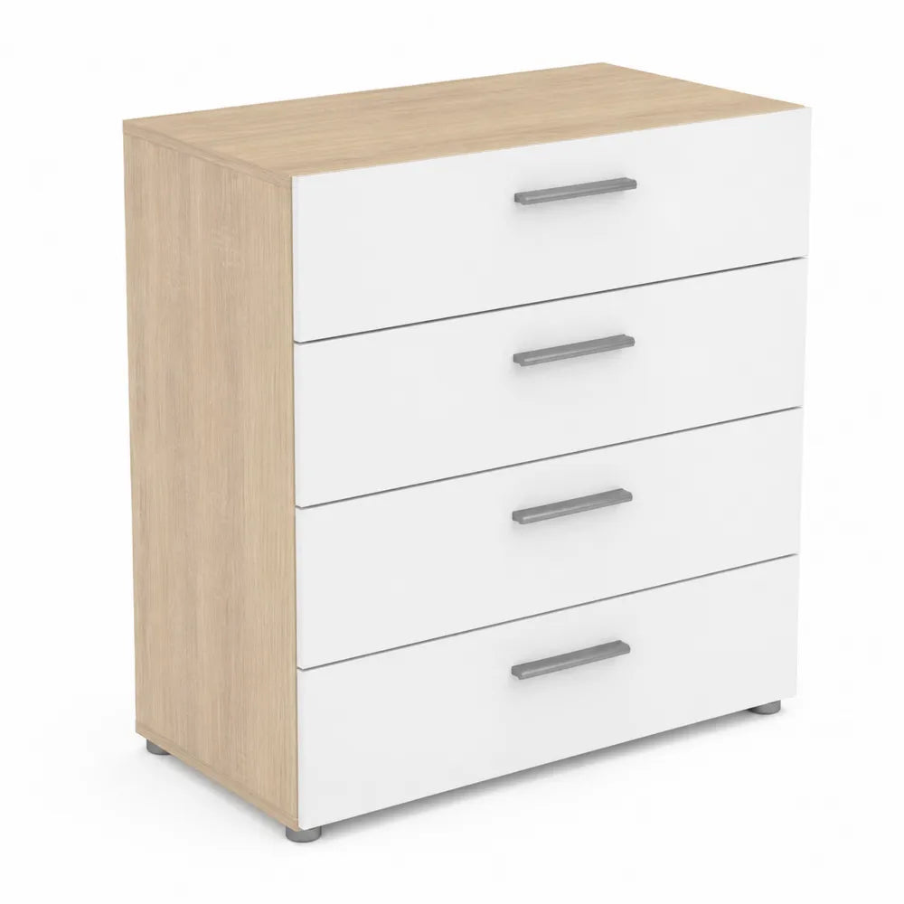 Cassettiera a 4 Cassetti MDF Bianco e Rovere 80x40x95 cm