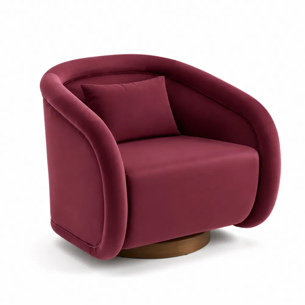 Poltrona in velluto Bordeaux con base in legno e cuscino