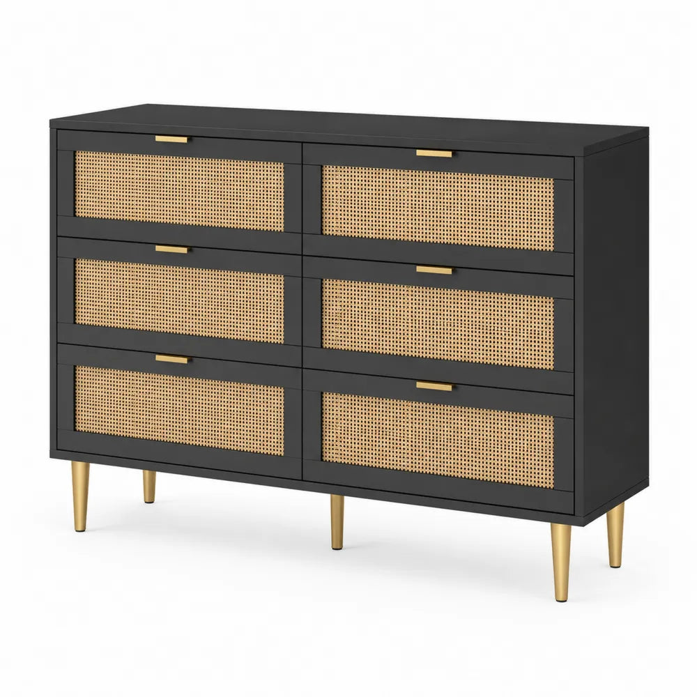 Cassettiera 6 Cassetti in Legno e Rattan Nero e Oro