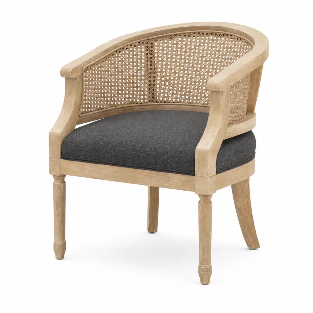 Sedia in Legno di Quercia con Schienale in Rattan e Seduta in Tessuto di Poliestere Grigio