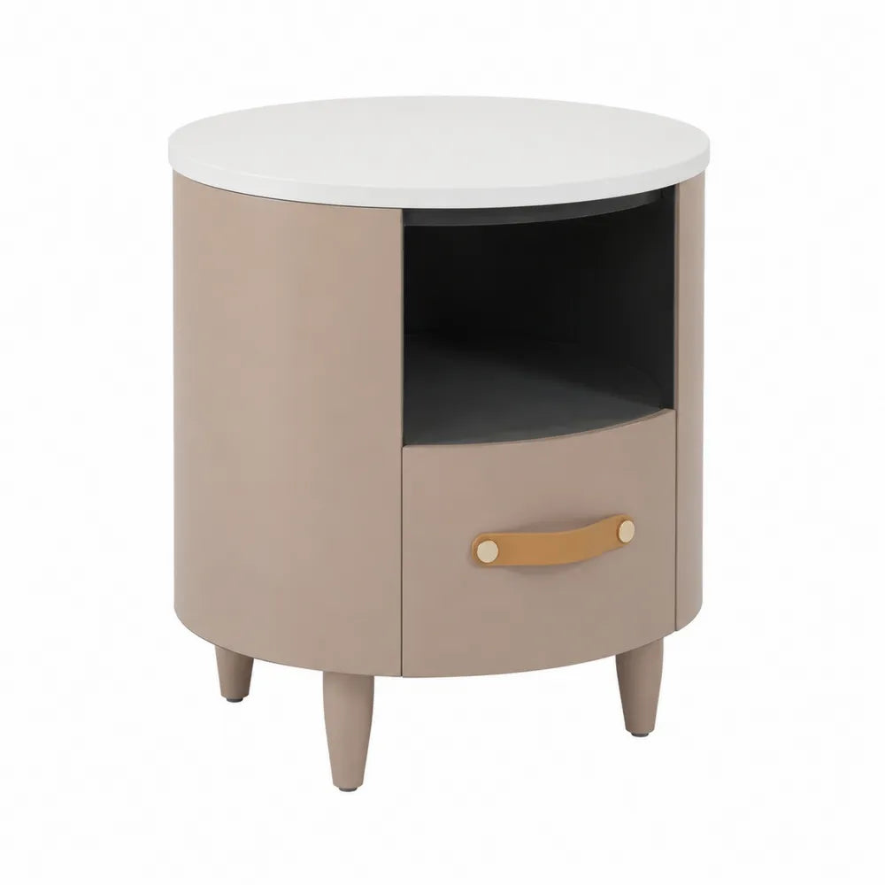 Comodino rotondo in legno con cassetto e piano bianco