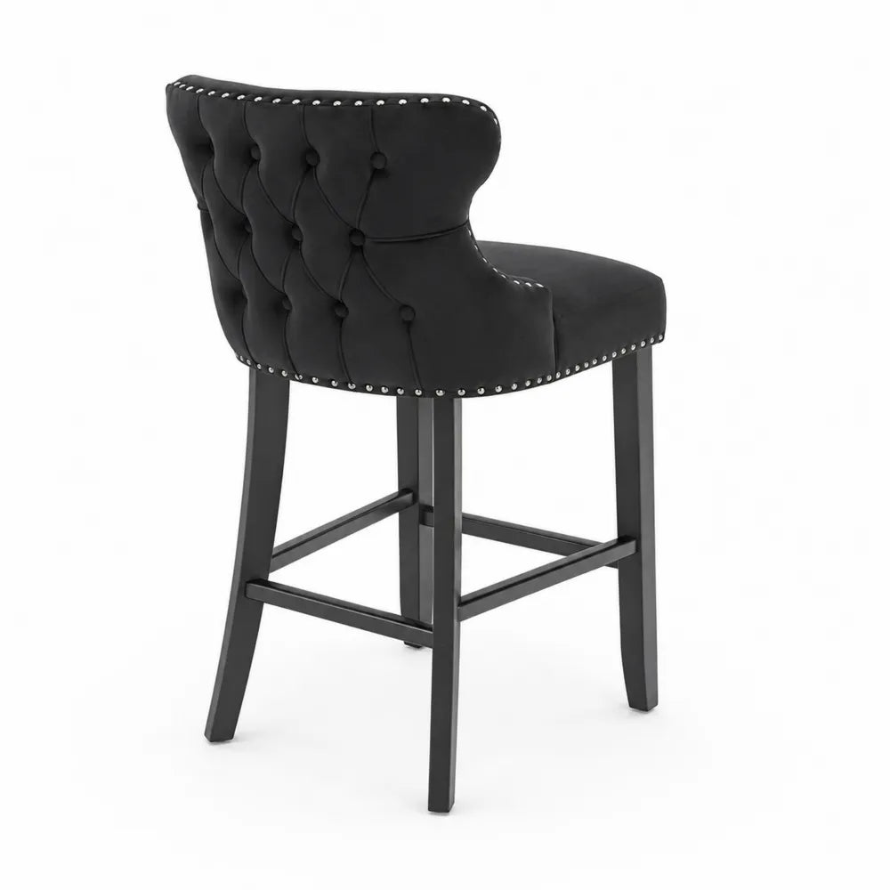 Sgabello in Velluto Nero con Gambe in Legno