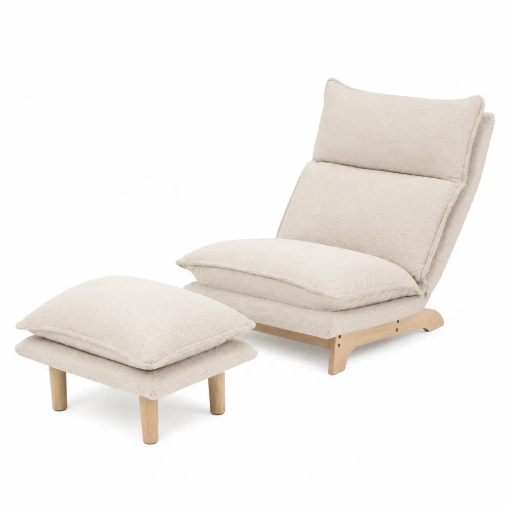 Poltrona in Legno e Tessuto con Poggiapiedi Beige