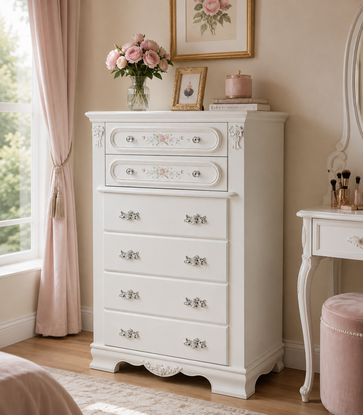 Cassettiera in Legno con Decorazioni Floreali