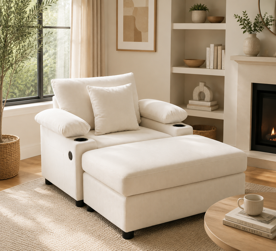 Poltrona con Pouf in Tessuto Crema con Portabicchieri
