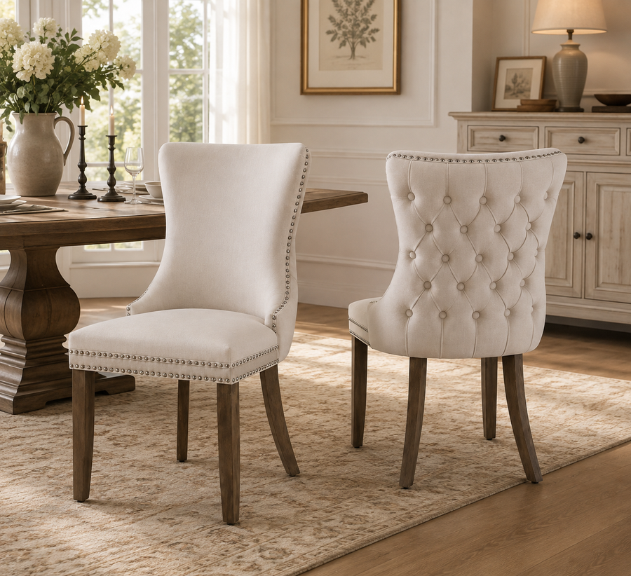 Set di 2 Sedie con Gambe in Legno e Rivestimento in Similpelle Crema